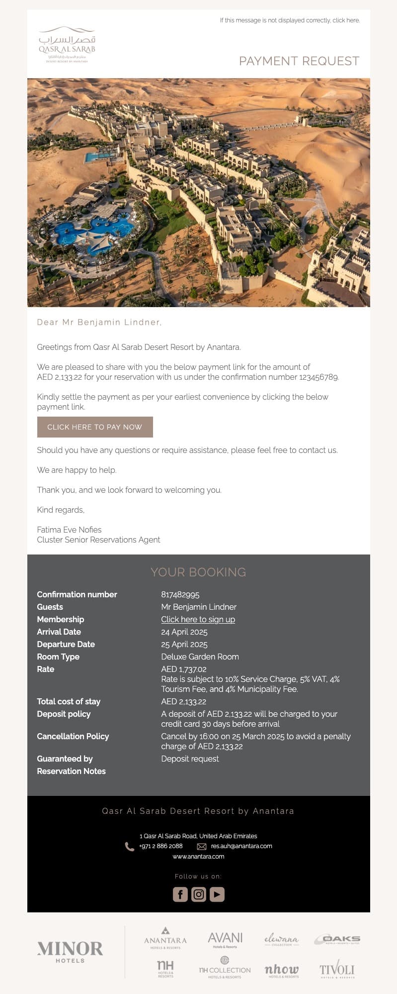 Anantara Qasr Al Sarab Desert Payment Request