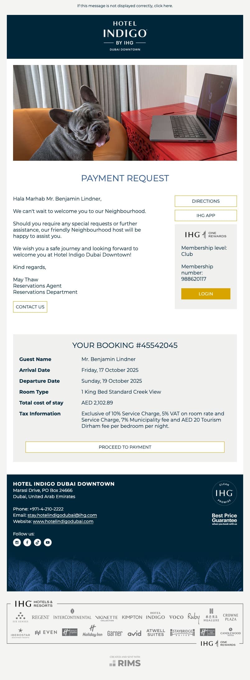 Hotel Indigo Dubai Downtown Payment Request