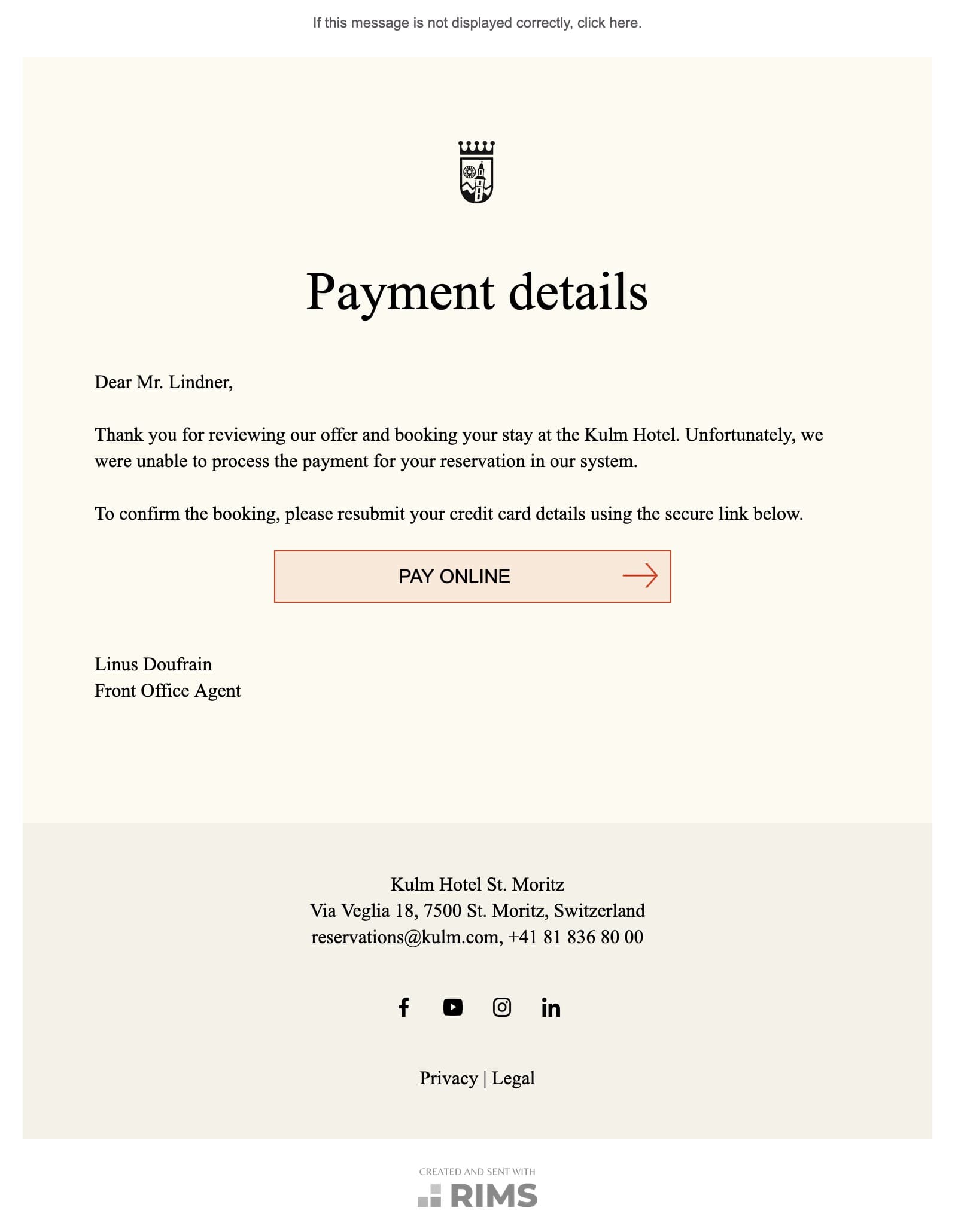 Kulm Hotel St. Moritz Payment Request
