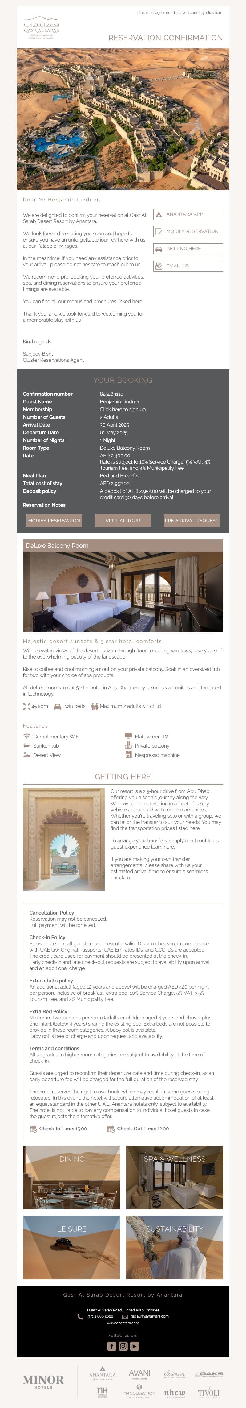 Anantara Qasr Al Sarab Desert Confirmation