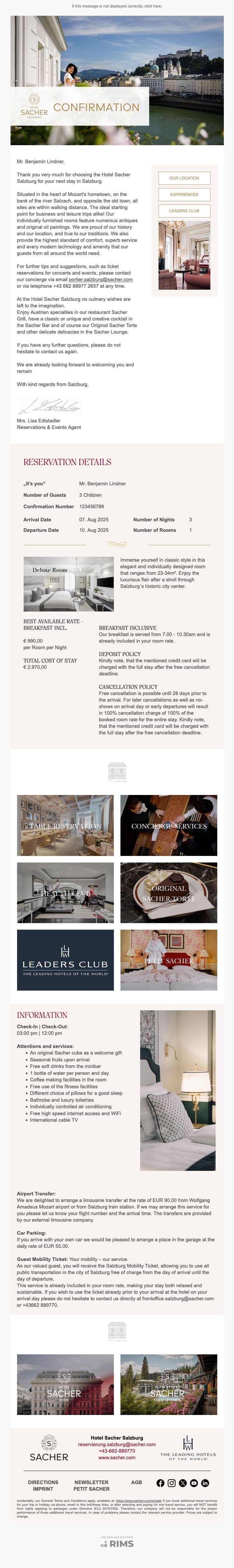 Hotel Sacher Salzburg Confirmation