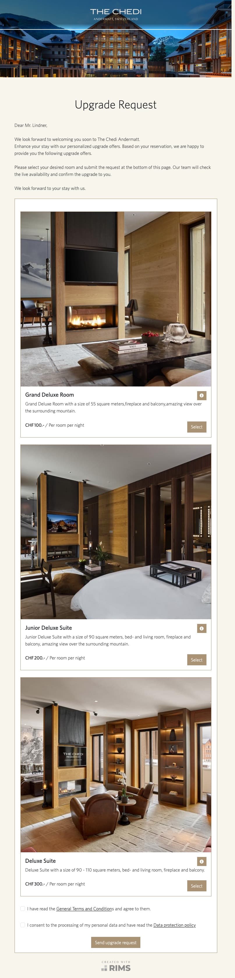 The Chedi Andermatt Room Upsell Page