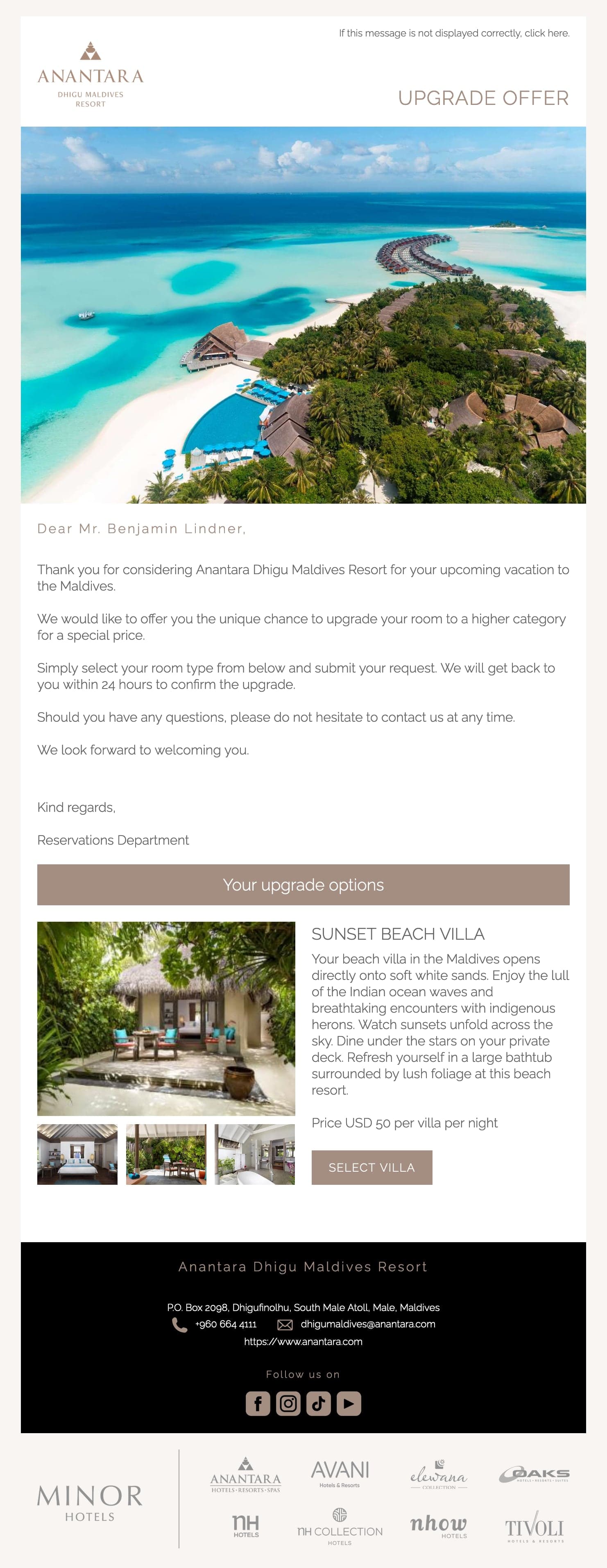 Anantara Dhigu Room Upsell Mailing