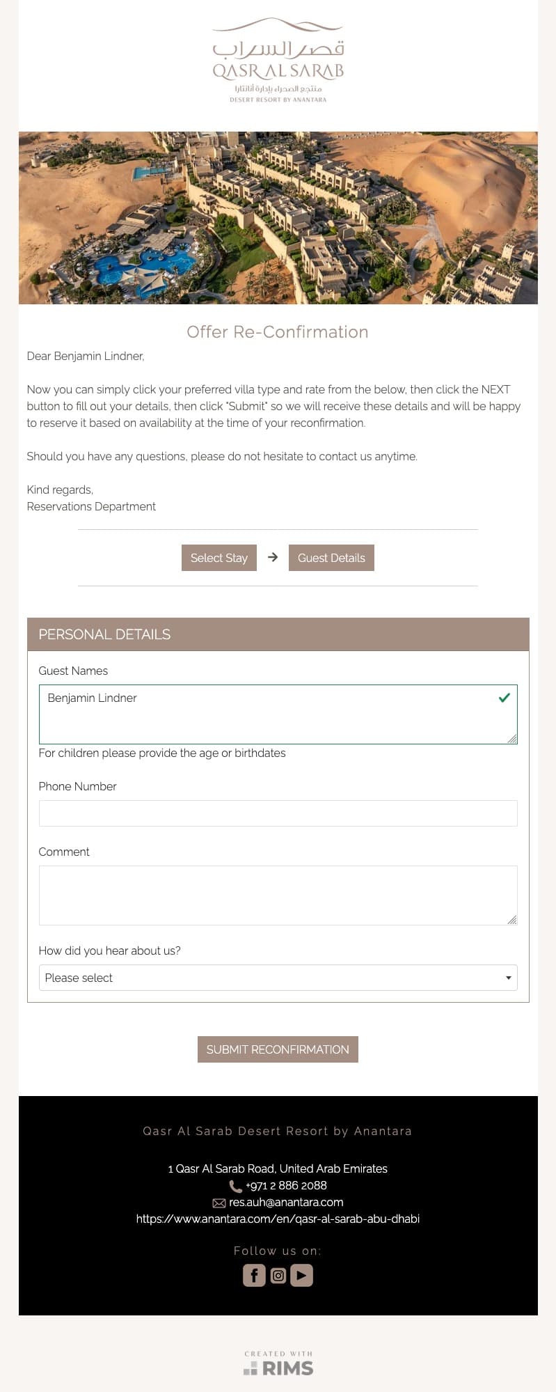 Anantara Qasr Al Sarab Desert Offer Reconfirmation