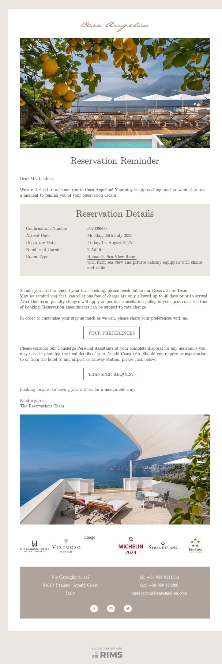 Casa Angelina Confirmation Reminder