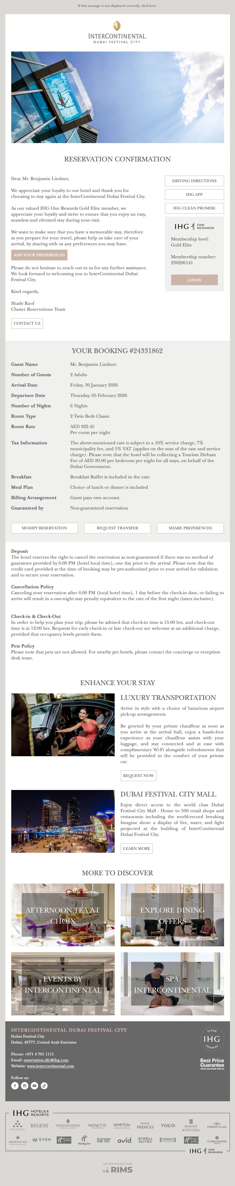 InterContinental Dubai Festival City Confirmation