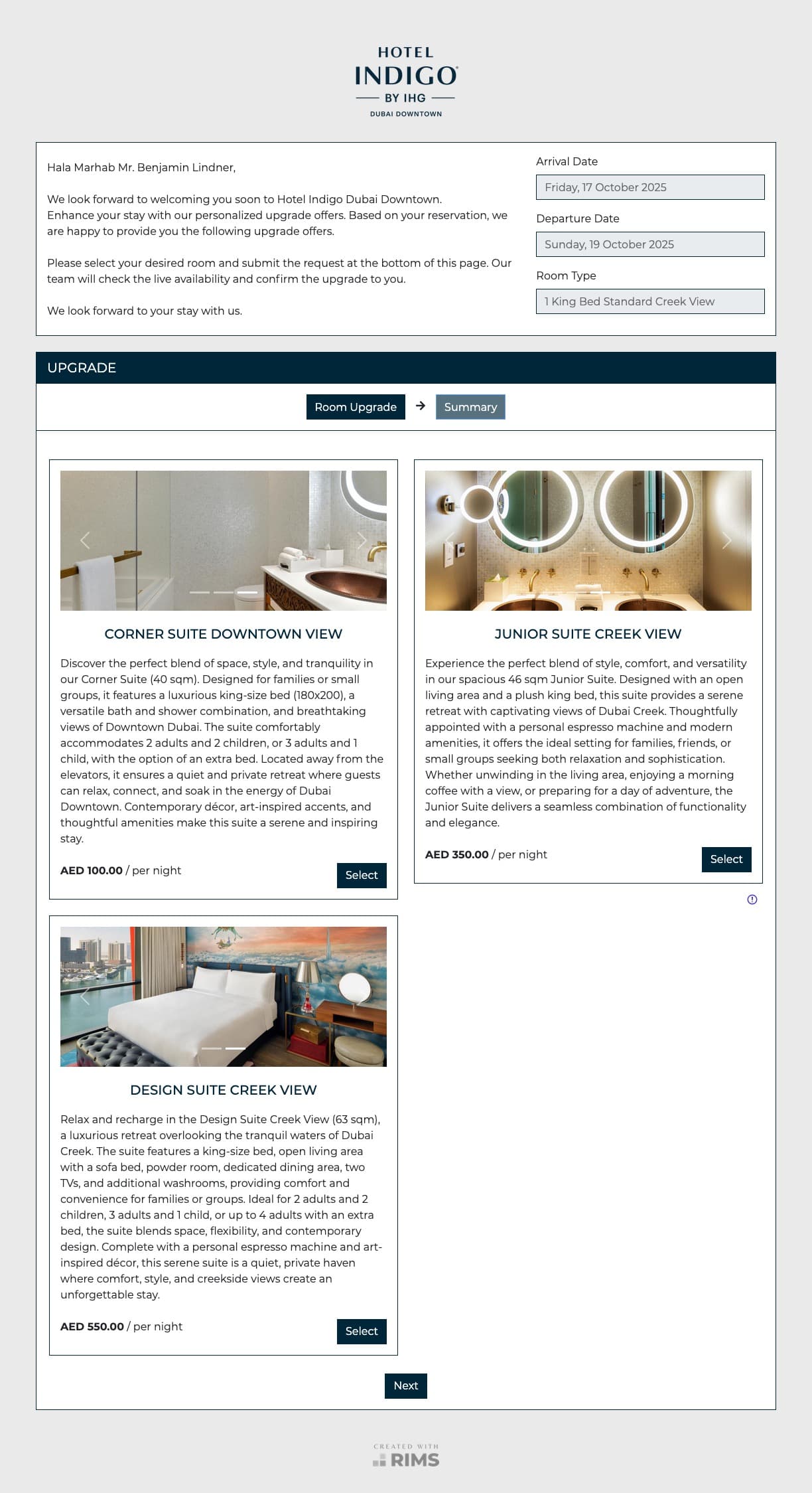 Hotel Indigo Dubai Downtown Room Upsell Page