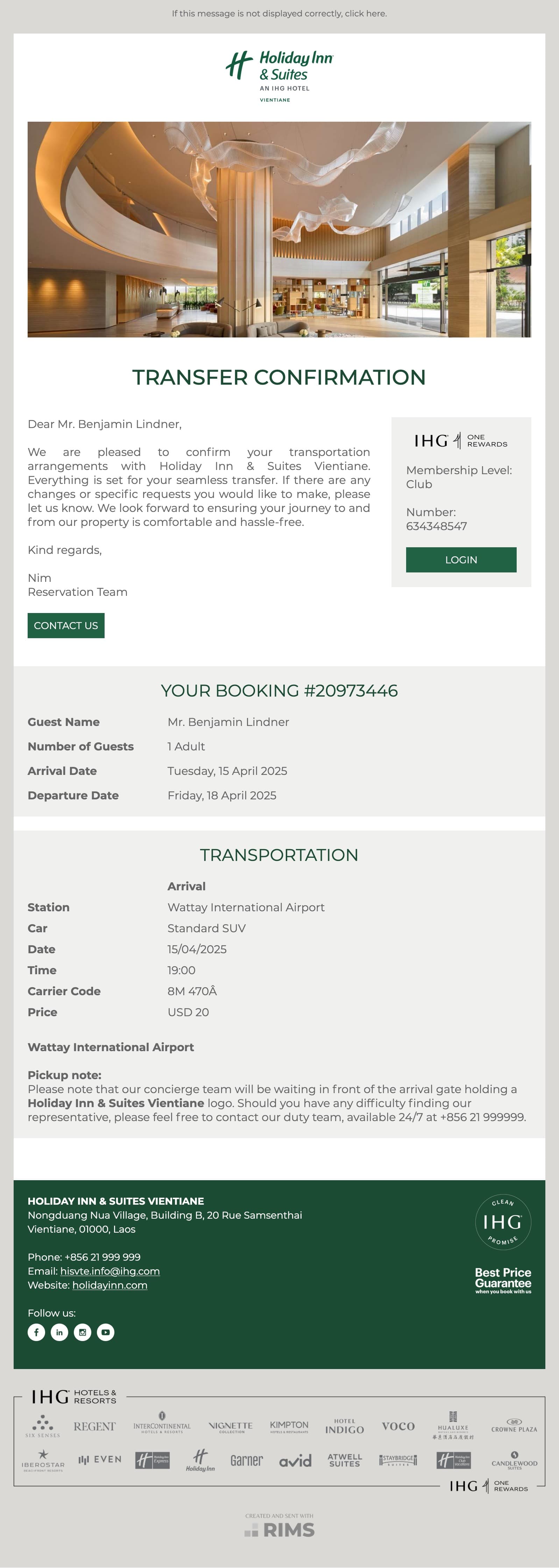 Holiday Inn & Suites Vientiane Transfer Confirmation