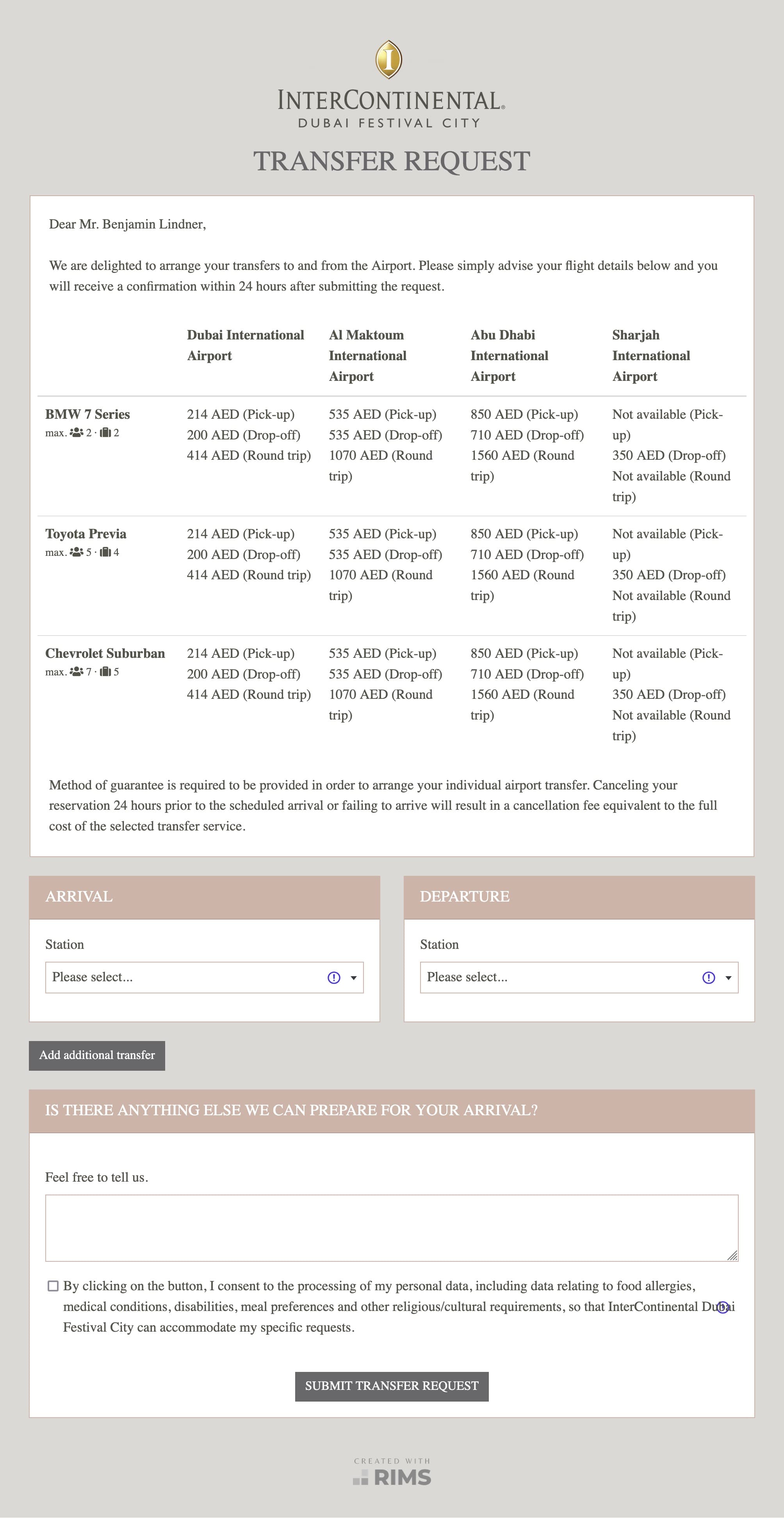 InterContinental Dubai Festival City Transfer Request